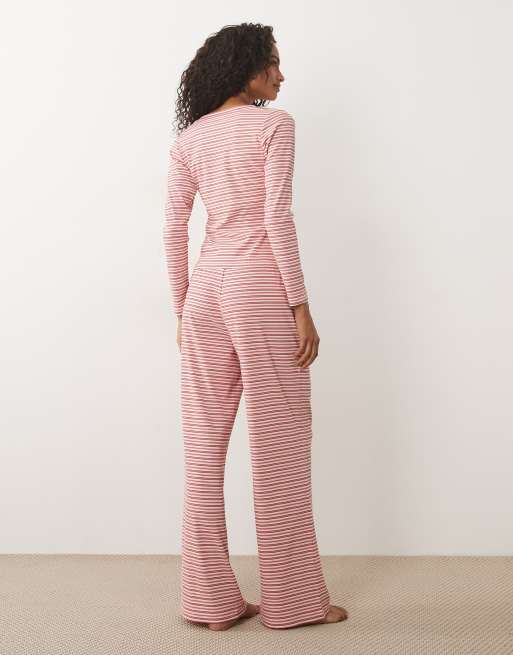 Brave Soul langärmliges Pyjama-Set mit Streifen in Pink und Creme, 4 von 4