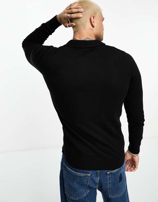 Brave Soul – Langärmliges Strick-Polohemd aus Baumwolle in Schwarz, 2 von 4