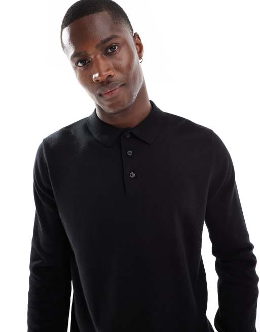 Brave Soul – Langärmliges Strickpoloshirt in Schwarz