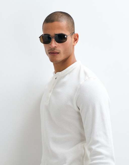 Brave Soul langærmet Henley T-shirt i råhvid waffle-strik, 2 af 5