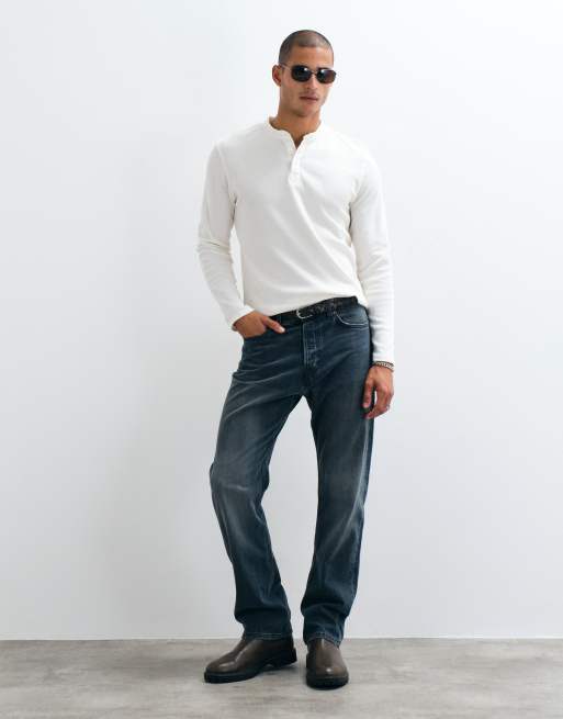 Brave Soul langærmet Henley T-shirt i råhvid waffle-strik, 3 af 5
