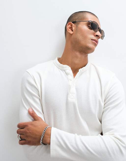 Brave Soul langærmet Henley T-shirt i råhvid waffle-strik, 4 af 5