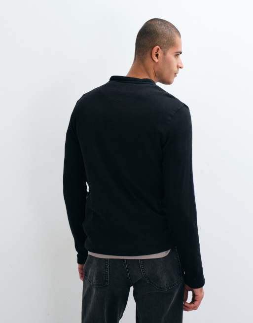 Brave Soul langærmet Henley T-shirt i sort med vaffelstrik, 3 af 5