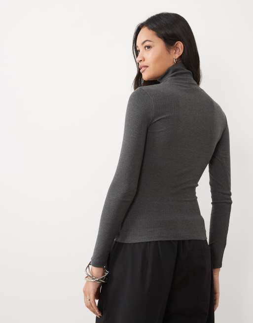 Brave Soul langærmet ribstrikket rullekrave-top i charcoal marl, 4 af 4