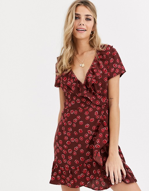 Brave Soul leandra wrap dress with frill in ditsy print