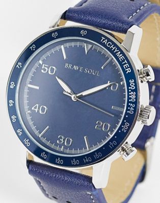 Brave Soul leather strap watch with date feature in tonal navy
