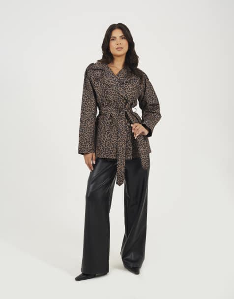 Brave Soul Leopard double breasted short mac with self tie belt in brown - view 1