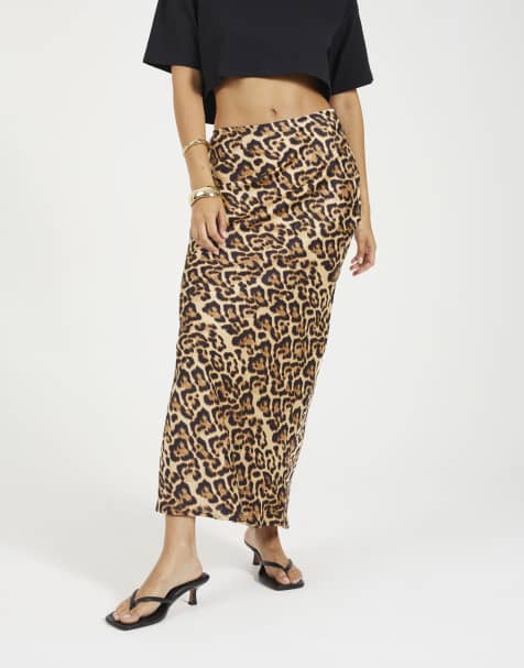Brave Soul Leopard print satin midi skirt in brown