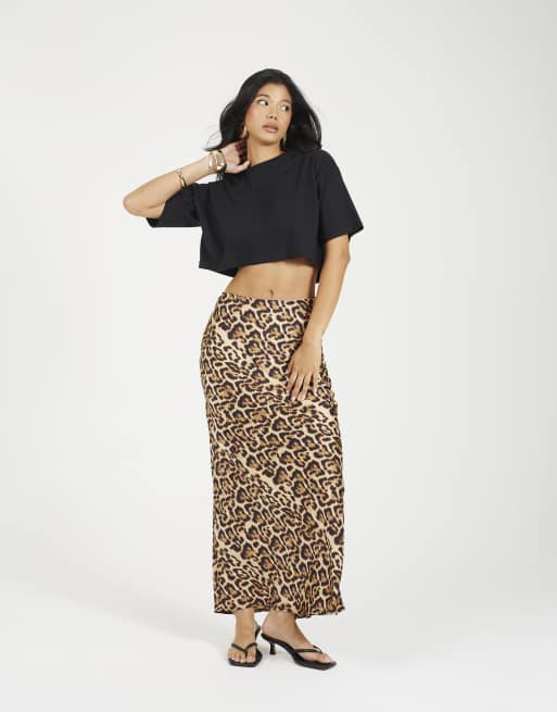 Brave Soul Leopard print satin midi skirt in brown, 3 of 4