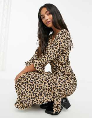 leopard print satin long sleeve wrap dress