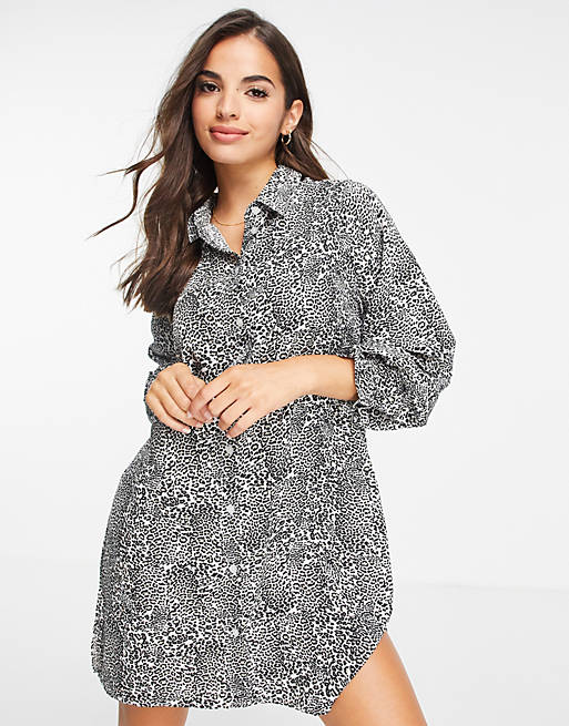 Brave Soul leopard print shirt dress in grey