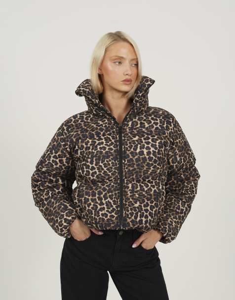 Brave Soul Leopard print short puffer jacket with oversized collar in brown