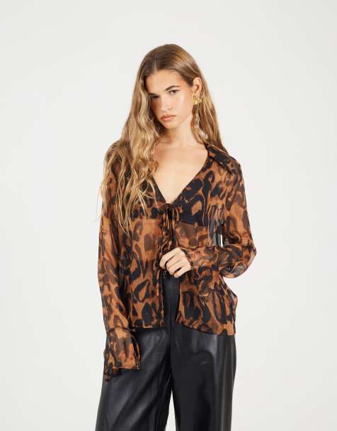 Brave Soul Leopard print tie front blouse in brown