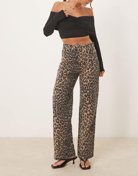 Brave Soul Leopard print wide leg jeans in brown - view 1
