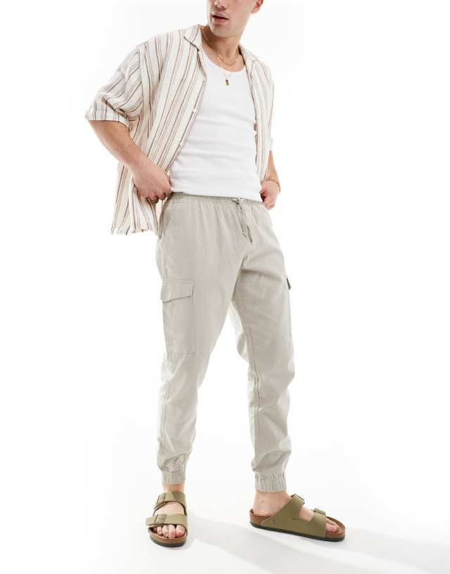 Brave Soul - linen blend elasticated waist cargo trousers in light stone