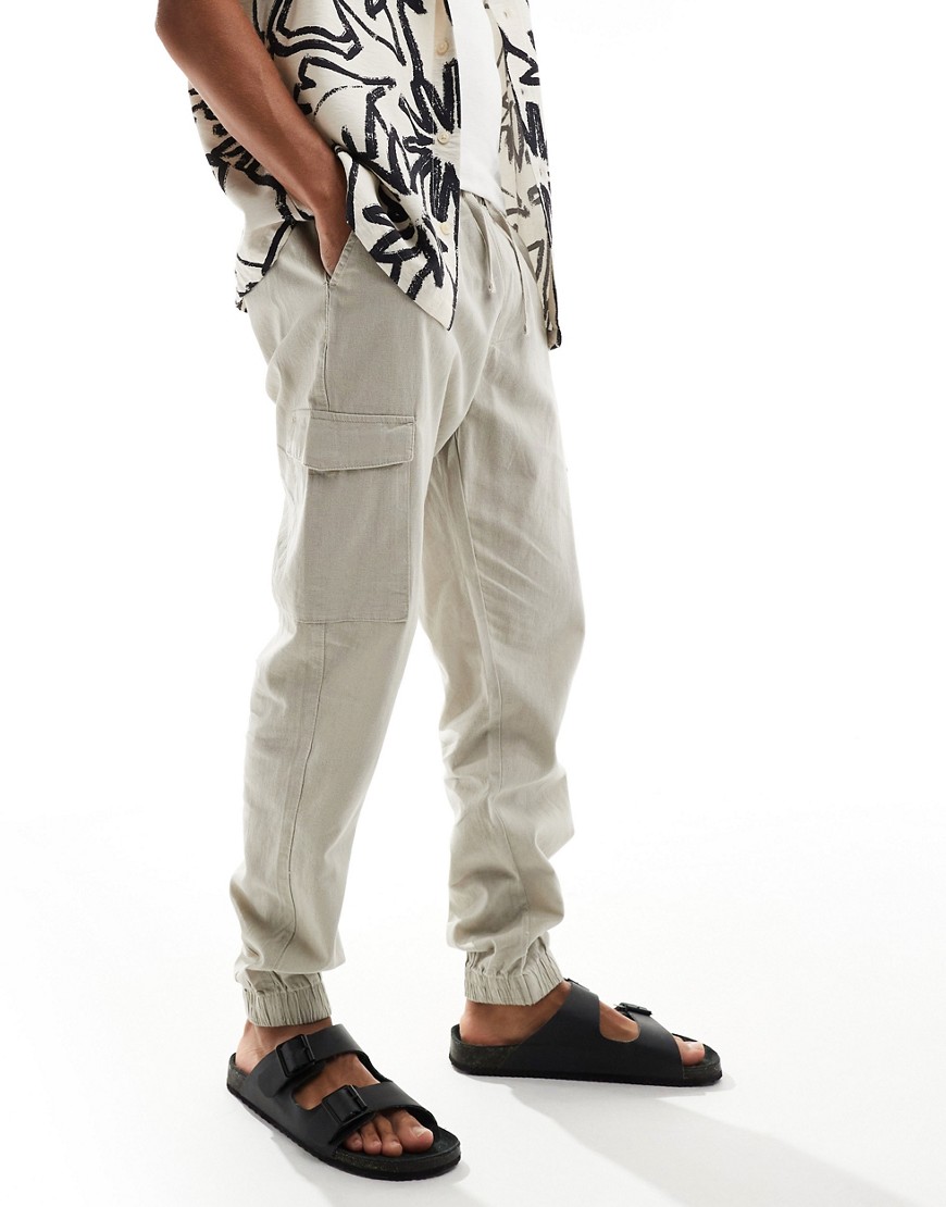 Brave Soul linen blend elasticated waist trousers in light stone-Neutral