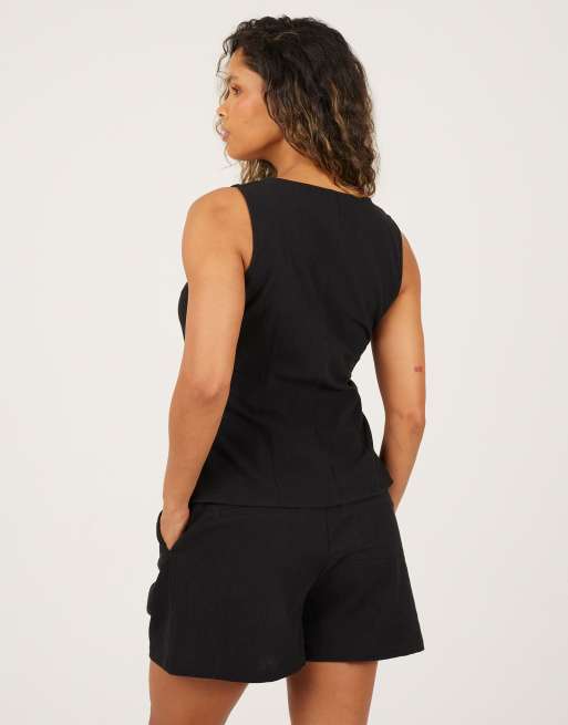 Brave Soul Linen look button down waistcoat in black, 2 of 4