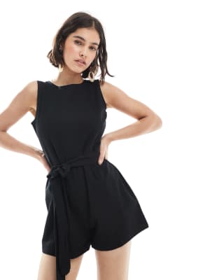 Brave Soul Brave Soul linen look playsuit with tie waist in black
