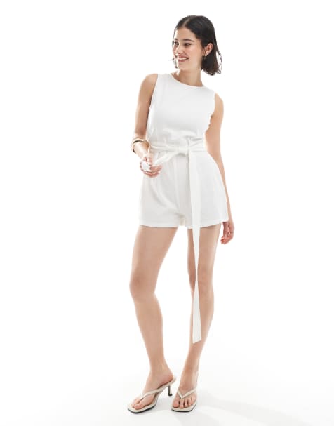 Brave Soul linen look playsuit with tie waist in cream - view 1