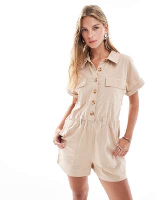 Brave Soul Brave Soul linen utility style playsuit in stone with tie waist detail-Neutral
