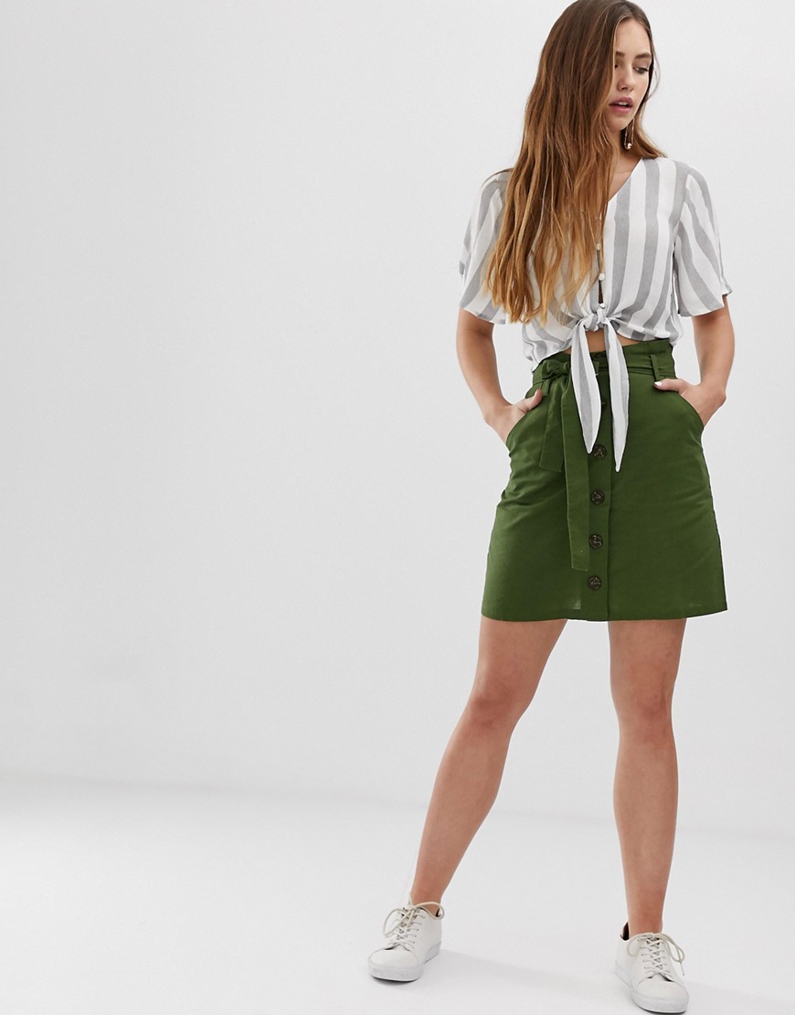 Brave Soul lizi button through utility skirt-Green