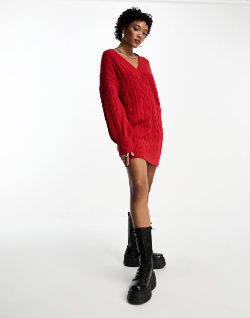 Brave Soul – Lizzy – Strick-Pulloverkleid in Rot mit Zopfmuster und V-Ausschnitt
