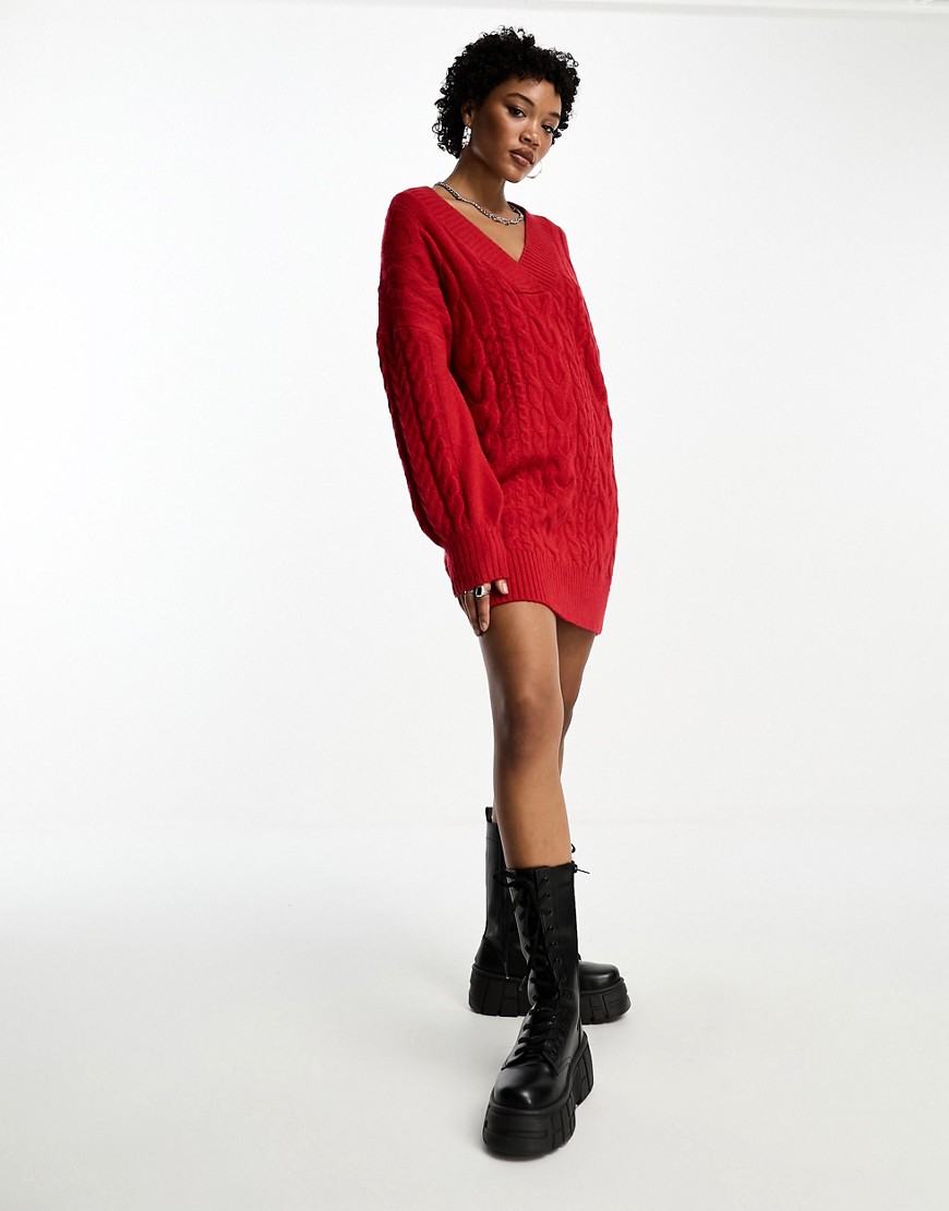 Brave Soul lizzy v neck cable knit jumper dress in red