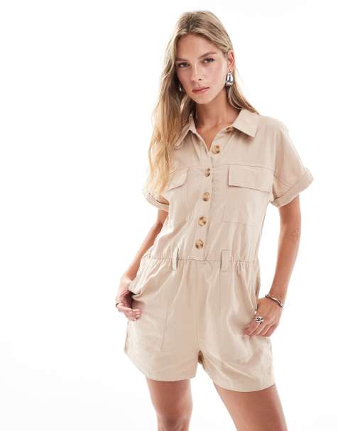 Brave Soul – Ljusbeige playsuit i linnetyg och cargostil med knytning i midjan - view 1