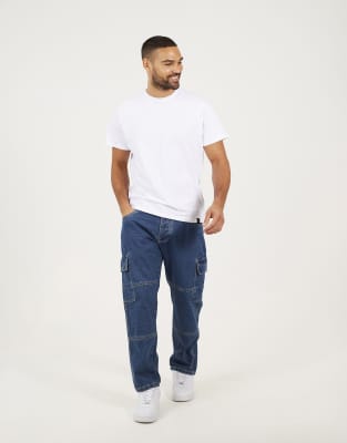 Locker geschnittene Cargo-Jeans in Mittelblau Blau W34 Regular