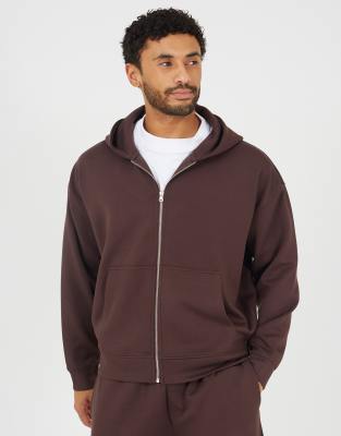 Locker geschnittene Kapuzenjacke in Braun mit Reißverschluss-Brown Brown L