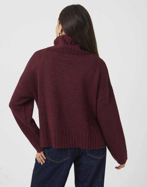 Brave Soul locker geschnittener Rollkragen-Strickpullover mit Seitenschlitz in Weinrot, 2 von 4