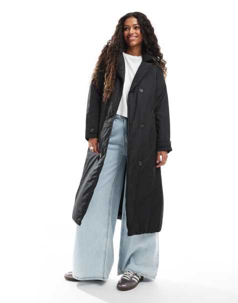 Brave Soul long double breasted padded coat with belt in black - view 1