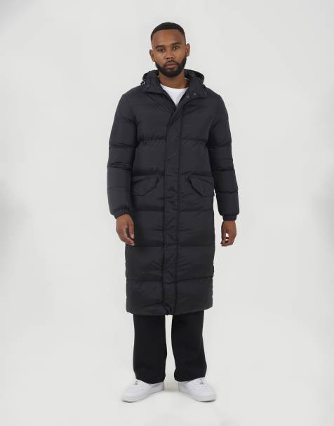 Brave Soul Long length hooded padded puffer coat in black - view 1