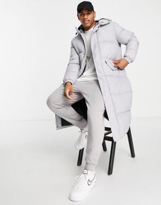 Brave Soul long line puffer coat with hood in ice grey