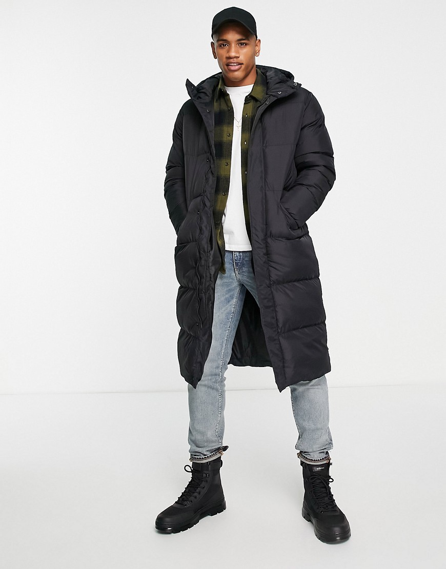 Brave Soul long line puffer jacket with hood in black