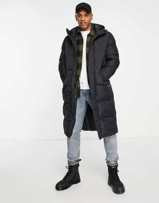 Brave Soul long line puffer jacket with hood in black | ASOS