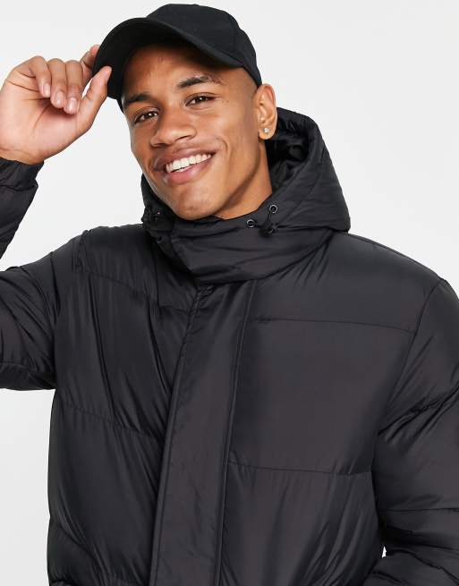 Brave Soul long line puffer jacket with hood in black ASOS