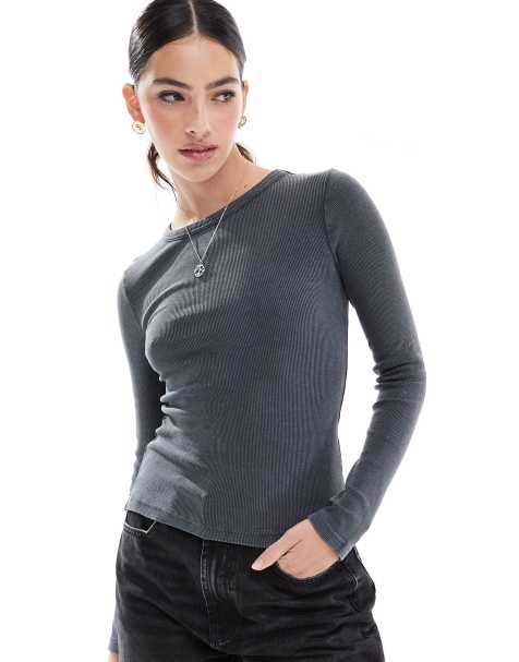 Brave Soul long sleeve acid wash top in charcoal grey - view 1