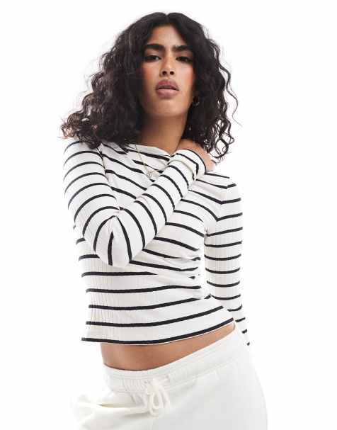 Brave Soul long sleeve boat neck top in cream and black stripe - view 1