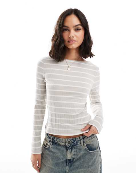 Brave Soul long sleeve boat neck top in grey and white stripe - view 1