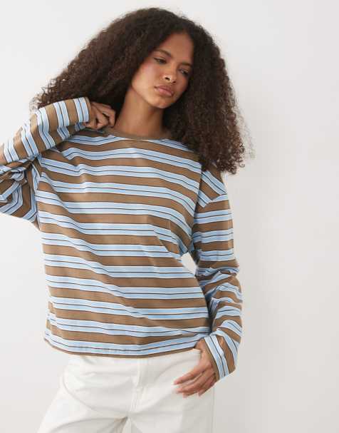 Brave Soul long sleeve boyfriend fit t-shirt in brown, blue and white stripe - view 1