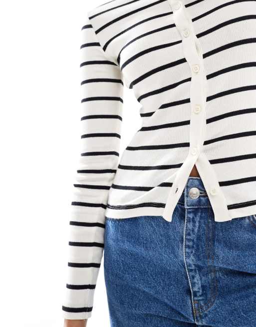Brave Soul long sleeve button down cardigan in cream and black stripe , 3 of 4