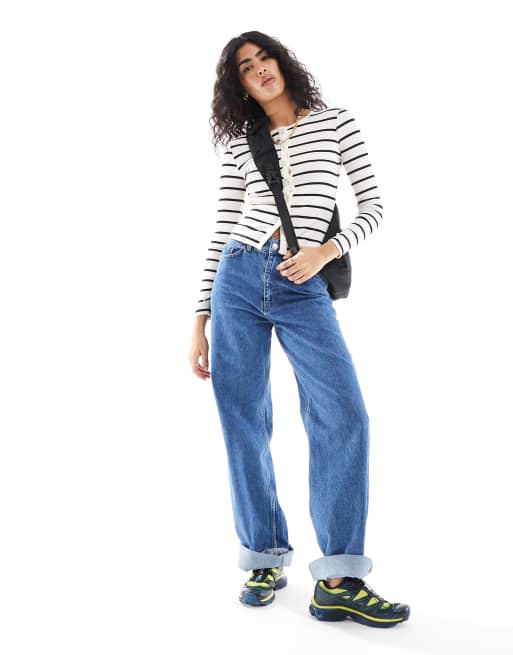 Brave Soul long sleeve button down cardigan in cream and black stripe , 4 of 4