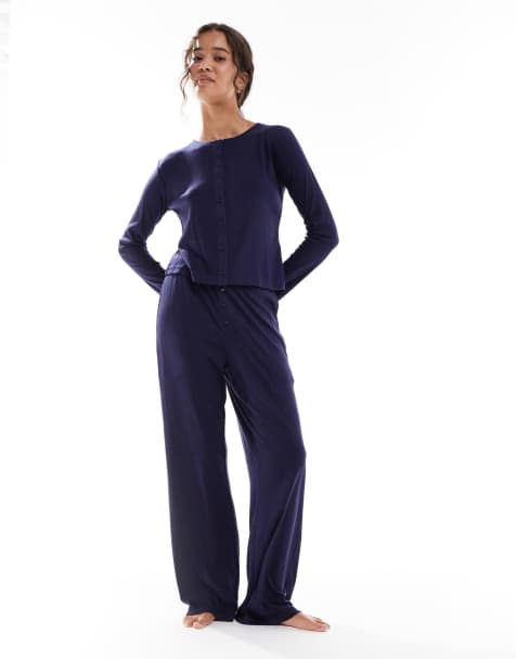 Brave Soul long sleeve button down pointelle pajamas in navy - view 1