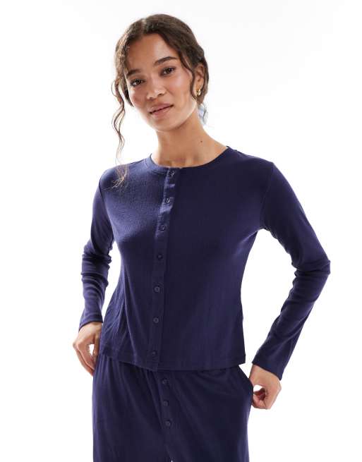 Brave Soul long sleeve button down pointelle pajamas in navy, 3 of 4