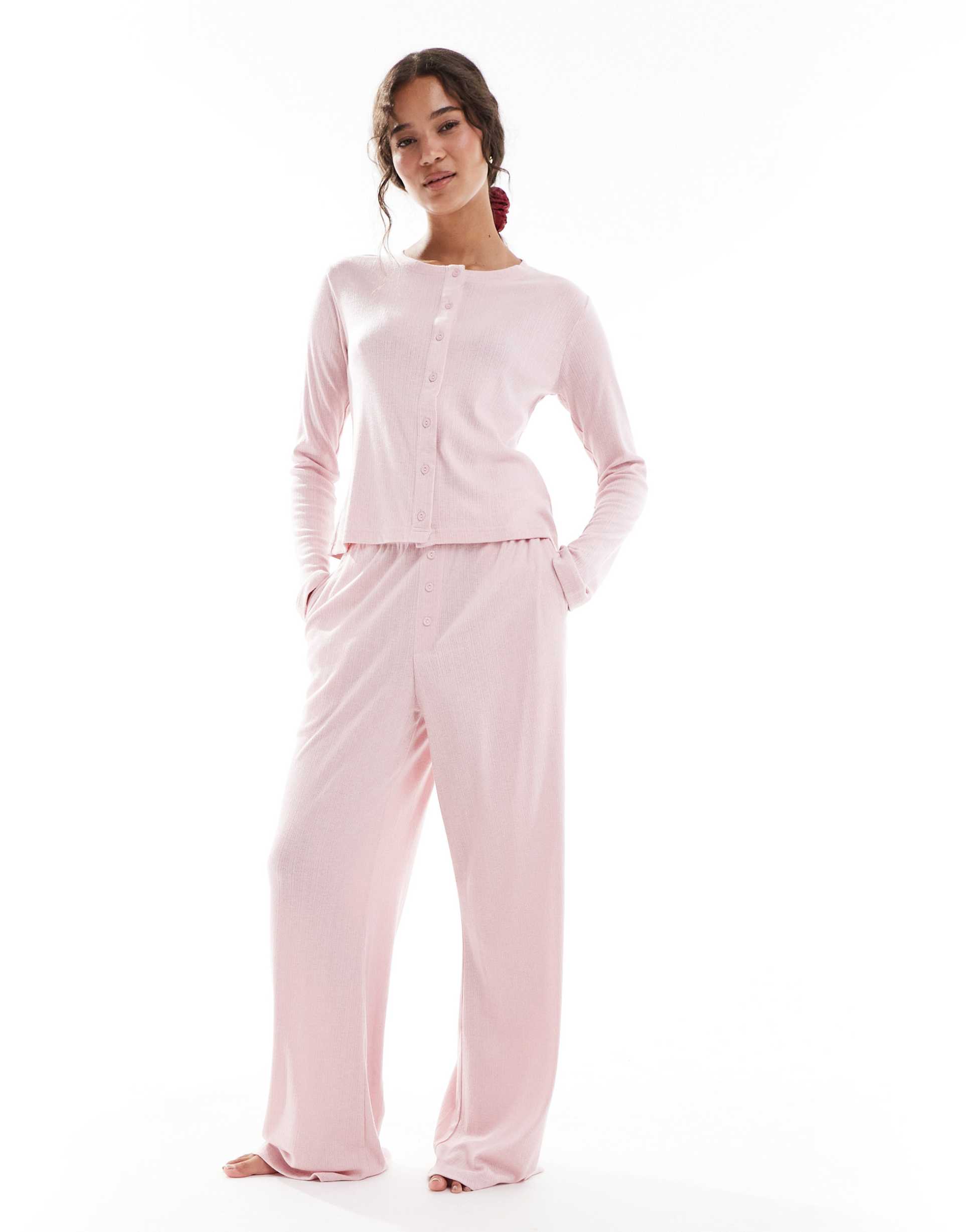 brave soul long sleeve button down pointelle pajamas in pink