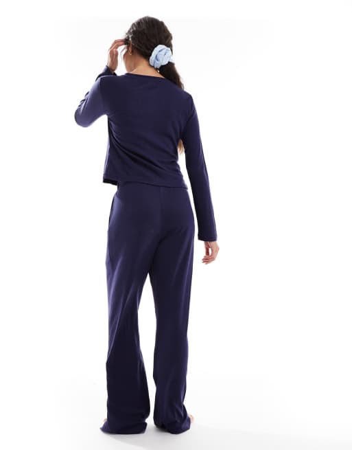 Brave Soul long sleeve button down pointelle pyjamas in navy, 4 of 4