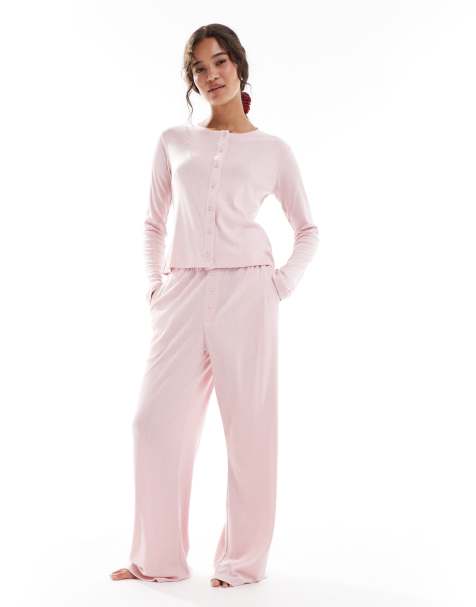 Brave Soul long sleeve button down pointelle pyjamas in pink - view 1