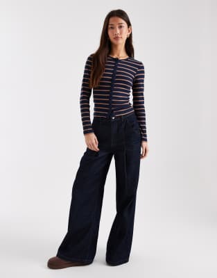 Brave Soul Long Sleeve Button Down Ribbed Top In Black