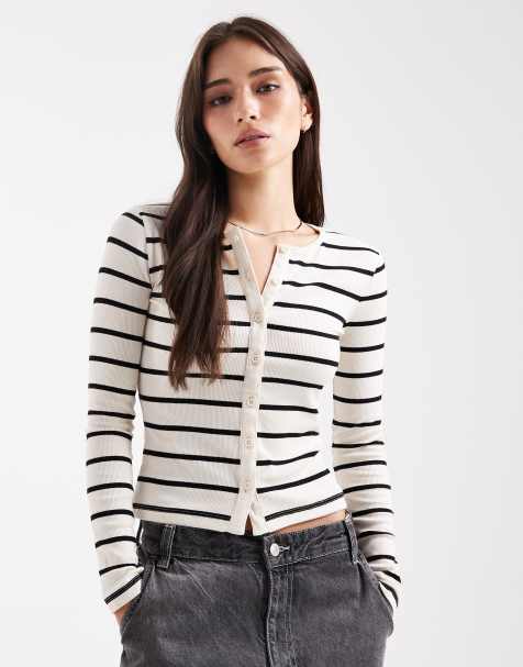 Brave Soul long sleeve button down top in black and cream stripe - view 1